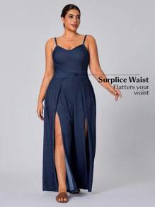 Flexra Plus Size Women Knitted Denim High Slit Jumpsuit - Dark Wash - View 3