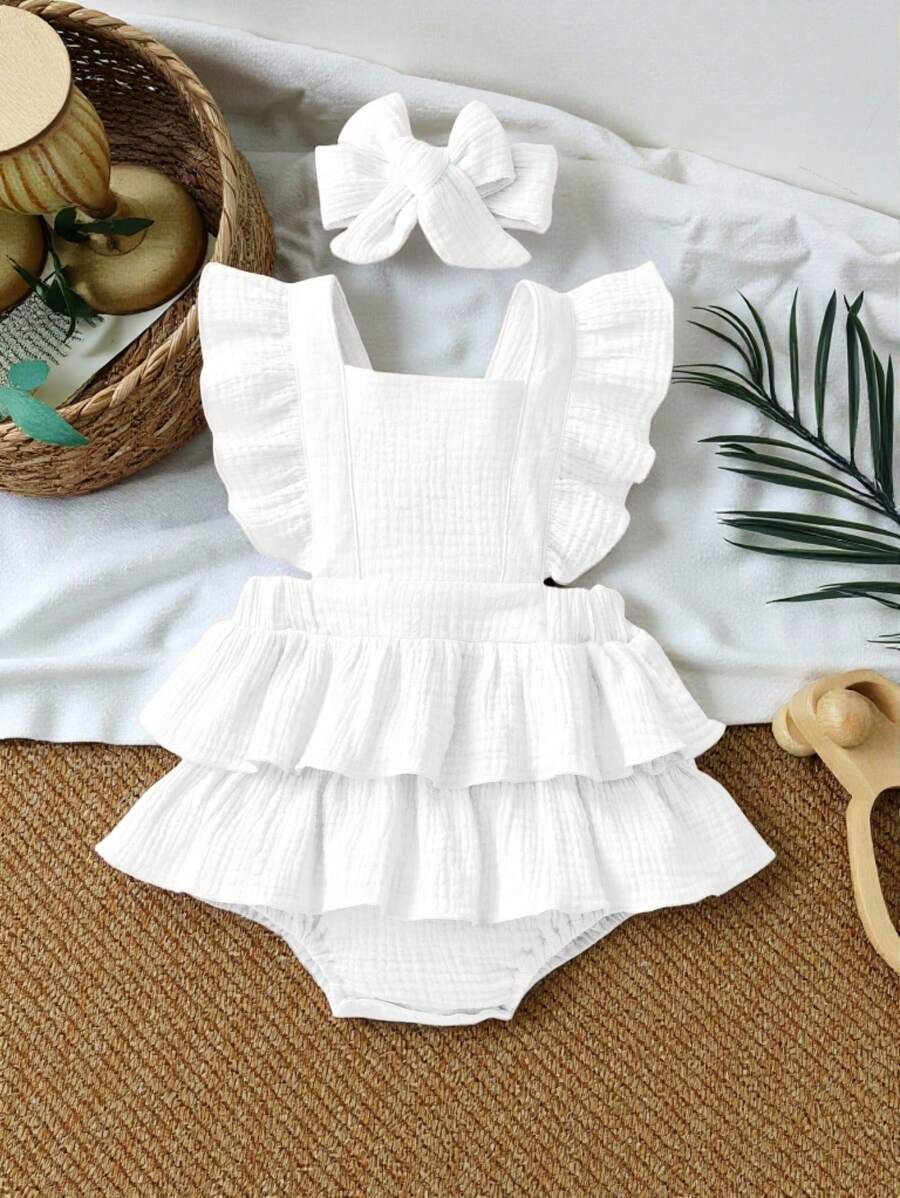 SHEIN Vintaside Kids Baby Girl Summer Square Collar Cap Sleeve Tiered Ruffle Hem White Cute Overall Dress - White - View 1