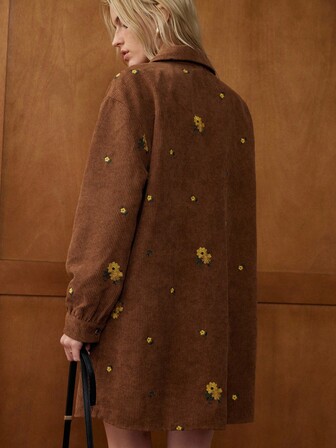 Écloséra 时尚休闲法式复古宽松灯芯绒刺绣口袋装饰长袖秋冬女装