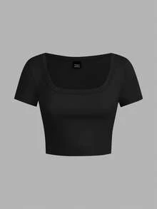 SHEIN EZwear Bộ 4 áo thun ngắn tay cổ tròn dáng lửng màu trơn, đa năng dành cho nữ, thích hợp cho mùa hè. - Nhiều màu - Xem 8