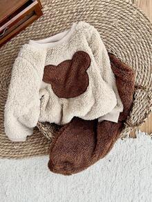 SHEIN LMoss Kids LMoss 女婴两件套针织蓬松圆领休闲卫衣和打底裤套装，泰迪熊造型，保暖舒适，摩卡色，冬季毛绒两件套，秋冬季节宝宝冬装，棕色套装，长袖上衣，舒适秋冬款式
