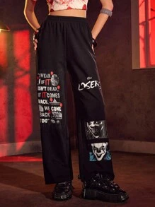 IT x SHEIN Quần cạp chun màu đen họa tiết chữ và kinh dị dành cho nữ - màu đen - Xem 4