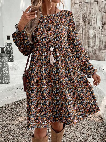EMERY ROSE Casual Elegant Women's Mid-Length Dress, Autumn/Winter Floral Dress Long Sleeve Dress Autumn Dress Boho Dress Lantern Sleeve Dress,Casual Dresses For Women Chic Dress,Fall Dresses For Women