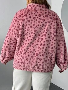 SHEIN CURVE+ 大码女式豹纹羊毛拉链卫衣，毕业季长袖上衣，秋冬季返校必备 - 彩色 - 查看 2