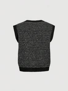 SHEIN Unity Women's Striped V-Neck Single-Breasted Loose Knit Sweater Vest,Black And White,Autumn,Elegant,Office,Back-To-School,Casual Versatile Sleeveless Tops - Black and White - View 5