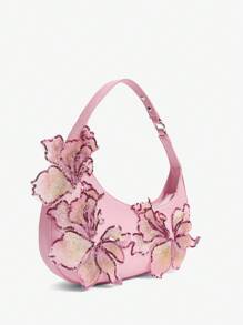 SHEIN SXY 女士、女式单肩包、流浪包、粉色、刺绣亮片贴花、花朵、时尚、优雅、浪漫、简约、个性化、多功能、适合度假、节日、约会、日常、下午茶、派对、舞会、俱乐部、约会、生日、晚会、约会之夜 - 粉色 - 查看 3
