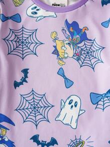 Nick 90s | SHEIN 小女孩可爱万圣节卡通图案紧身长袖上衣和裤子睡衣套装，浅紫色 - 紫色 - 查看 5