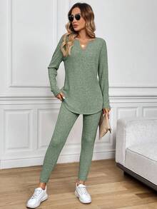 SHEIN LUNE 2 件套女士长袖 T 恤和紧身裤，毛绒罗纹粉色套装，秋冬 - 薄荷綠 - 查看 6