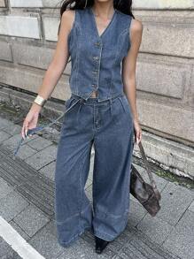 DAZY 女士休闲牛仔背心和裤子套装 - 藍色 - 查看 1
