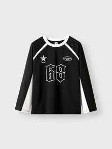 JNSQ Tween Boy Clothes, Autumn/Winter Long Sleeve T-Shirt With Funny Letter & Number Print, Suitable For Daily Wear, Outdoor Activities, Vacation, Streetwear, Party And Casual - Black and White - View 11