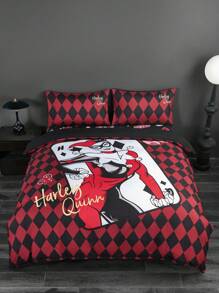 Harley Quinn X SHEIN 3pc Cartoon Character And Argyle Pattern Bedding Set,Suitable For Single Bed/Double Bed/Queen Bed/King Bed, Dormitory/Home - Multicolor - View 1