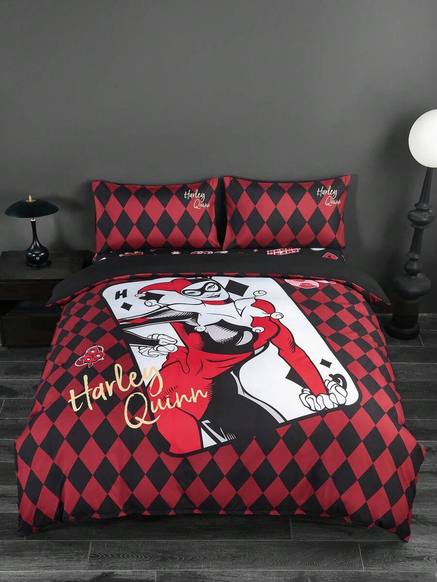 Harley Quinn X SHEIN 3pc Cartoon Character And Argyle Pattern Bedding Set,Suitable For Single Bed/Double Bed/Queen Bed/King Bed, Dormitory/Home - Multicolor - View 1