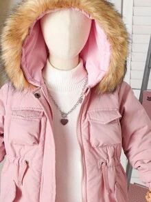 SHEIN 女童少女秋冬新款简约时尚百搭厚棉衣，带毛领，拉链，口袋，腰部收紧，棉服 - 粉色 - 查看 6