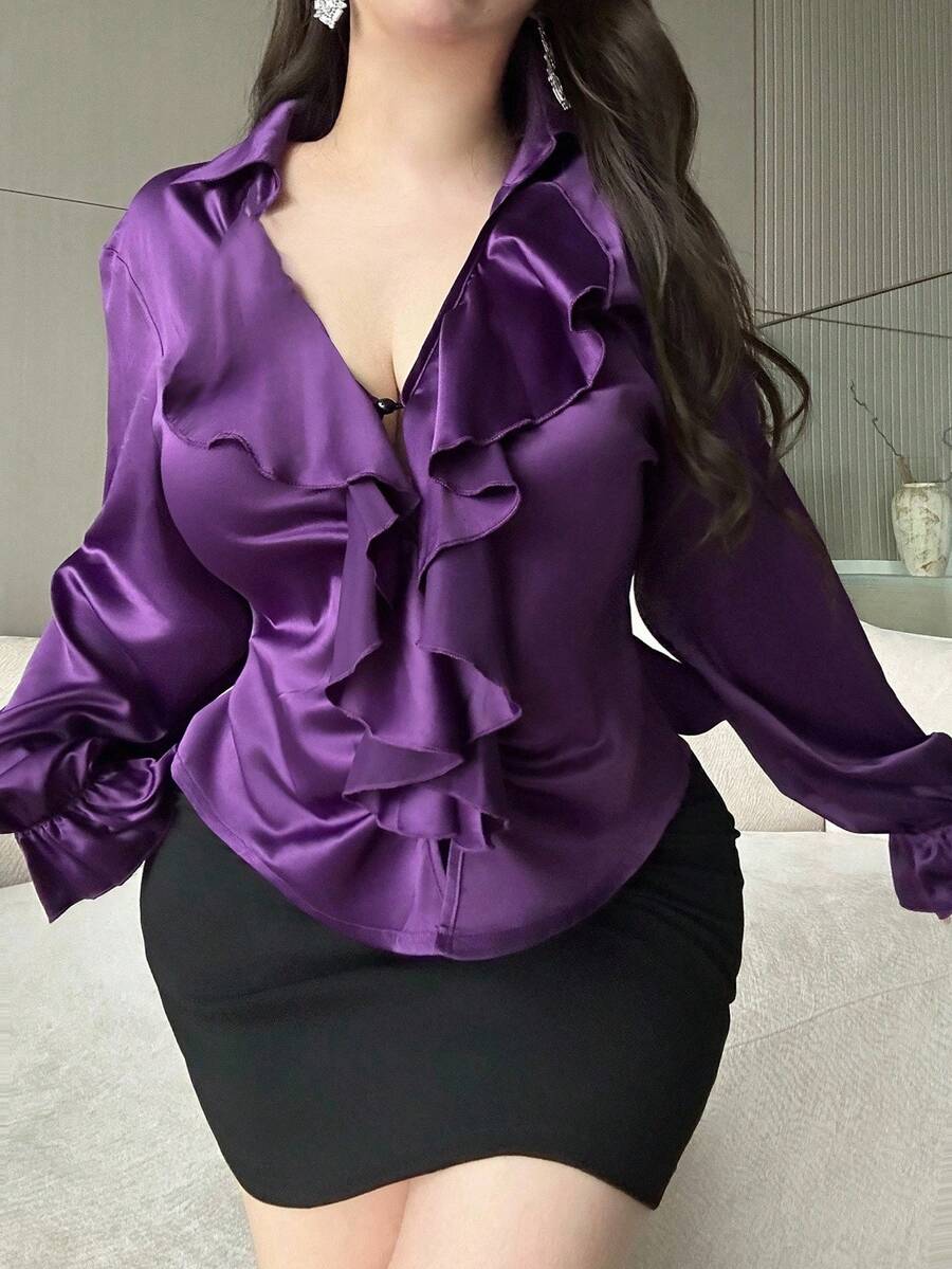 Vibekara 大码 V 领荷叶边修身优雅休闲衬衫，淑女紫色 - 紫色 - 查看 1