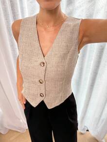 Lavishia 女士夏季休闲商务背心和衬衫 - 杏色 - 查看 5