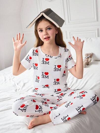 SHEIN 字母和心形印花针织短袖长裤睡衣套装（大女孩适用）