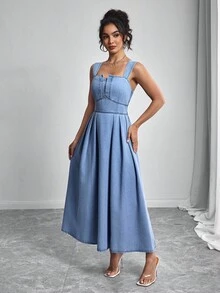 Elenzga 女式夏季时尚休闲通勤方领收腰喇叭下摆牛仔连衣裙 - 藍色 - 查看 3