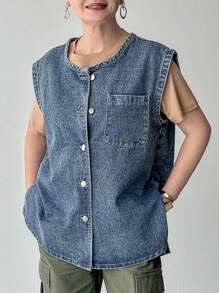 FRIFUL 女式休闲水洗无袖牛仔上衣 - 藍色 - 查看 7