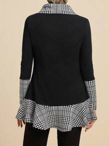 SHEIN LUNE 围脖领束腰外衣 长袖拼布 A 字形上衣 - 黑與白 - 查看 2