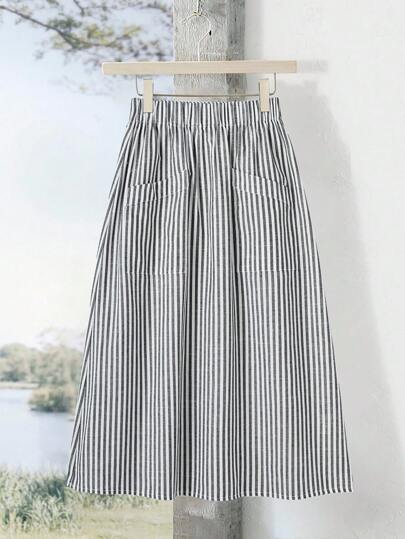 Rusticease Women's Striped Elastic Waist Pocket Casual Summer Versatile Skirt
