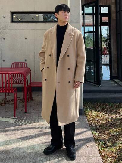DAZY 男士纯色杏色纽扣长款大衣，通勤风格，秋季款