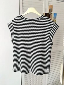 SHEIN 青少年女孩条纹圆领短袖休闲T恤，简约休闲家居服 - 黑與白 - 查看 2