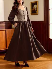 Vintamour Vintage Classic Elegant College Style Women's Dress, Fitted Plaid Patchwork Dress, Mixed Fabric Patchwork Dress, Coffee Brown Long Sleeve Dress, Flared Hem Dress, Autumn/Winter Autumn Clothes Winter Clothes For Women Brown Dress Plaid Dress - Coffee Brown - View 3