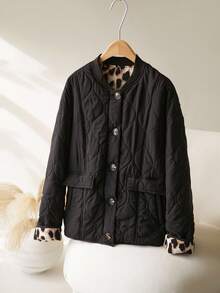 CosyJoli Plus Size Casual Leopard Print Contrast Color Woven Lightweight Jacket Winter Fall Autumn - Black - View 4