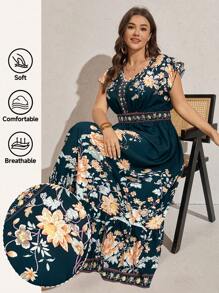 Comfylo 大码女式休闲花卉印花长裙，适合夏季度假穿着 - 綠色 - 查看 5