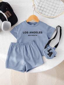 SHEIN 3pcs/Set Babybo Summer Casual Letter Print Short Sleeve T-Shirt, Elastic Waist Shorts, Bonus Crossbody Bag - Blue - View 7