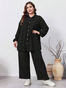 Mulvari 2 件加大码纯色前扣长袖休闲优雅裤套装，休闲 2 件套服装，适合旅行/休闲/居家/度假 2 件套 - 黑色 - 查看 6