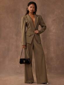 SHEIN BAE 1 套时尚纯色深 V 单排扣修身西装外套和高腰直筒西装裤 - 摩卡棕 - 查看 4