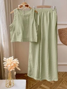 2pcs/Set Women Solid Color Sleeveless Top And Leggings Set