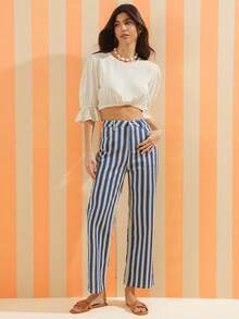 WESTFADE High Rise Spring Striped Straight Leg Ankle Length Western Denim Jeans Summer Beach Vacation - Blue and White - View 5