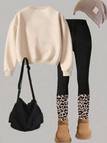 SHEIN ChillGRL 青少年女孩休闲时尚豹纹印花心形图案套头衫和紧身裤两件套，秋季服装冬装 - 彩色 - 查看 2