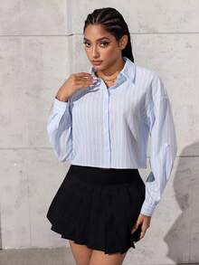 Jeanoix Women's Striped Drop Shoulder Casual Front Button Long Sleeve Shirt, Versatile For Summer Fall Cloth For Women - Baby Blue - View 4