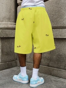 Manfinity Roghcode 男士小狗印花抽绳休闲短裤 - 黃色 - 查看 2