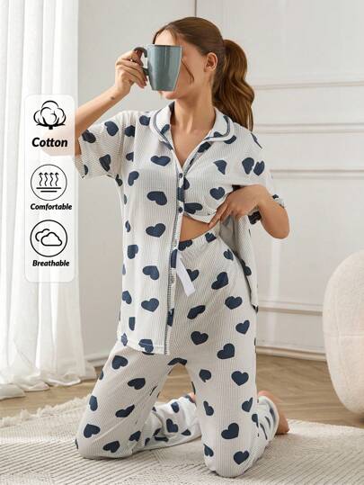 EURMUSE Women Cotton 2 Pcs Button Front With Contrast Colour Stitch&Heart &Striped Printed Short Sleeve Shirt And Sleep Bottom Homewear PJ Set Women S Pajama Women Clothing Lingerie Women Nighty Women S Pajama Pants Women Pj Set Short