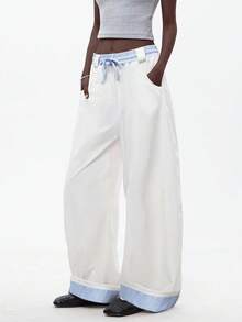 Lumivelle Plaid Striped Patchwork Casual Women's Design Sense Loose Straight Wide Leg Pants, Comfortable For Going Out, Dating, Commuting, Versatile All White Casual Outfits Spring Clothes For University Fall Cloth For Women