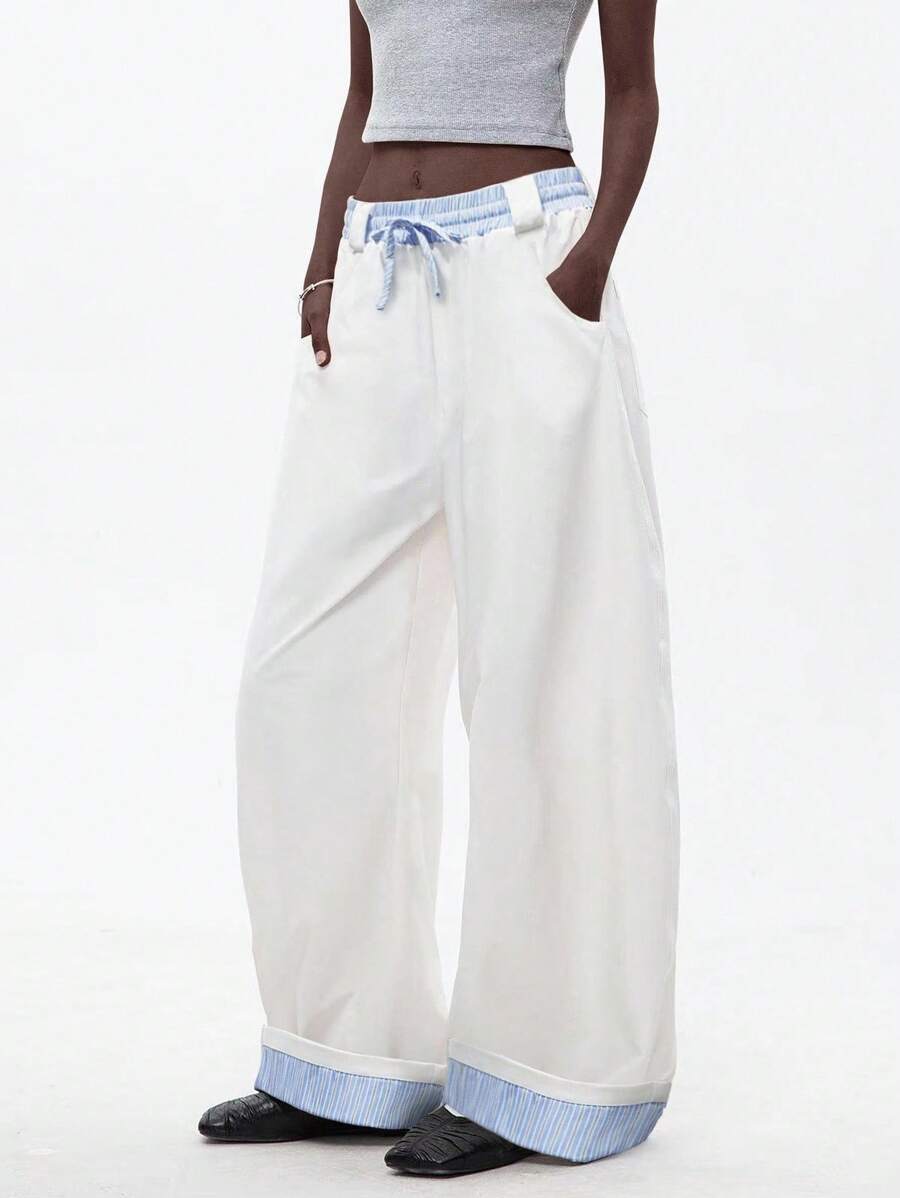 Lumivelle Plaid Striped Patchwork Casual Women's Design Sense Loose Straight Wide Leg Pants, Comfortable For Going Out, Dating, Commuting, Versatile All White Casual Outfits Spring Clothes For University Fall Cloth For Women