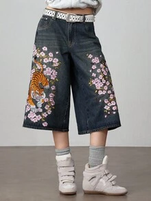 ROMWE Grunge Punk 复古 Y2K 街头中国风虎纹花卉刺绣宽松阔腿牛仔裤，男女通用 - 藍色 - 查看 6