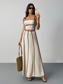 SHEIN Tall 女士度假休闲杏色撞色拼接吊带背心和半身裙两件套 日常装 复古装 通勤装 女士夏季服装 两件套 女士两件套 女士度假装 女士沙滩装 女士服装套装 海岛度假装 - 杏色 - 查看 5