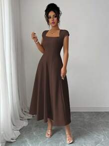 Elenzga Women's Elegant Solid Color Square Neck Waist Tie Splice Flared A-Line Short Sleeve Midi Dress, Suitable For Commute, Beach, Vacation, Music Festival, Beer Festival In Spring And Summer