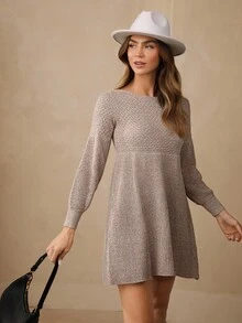 Wildy Lantern Sleeve Ribbed Knit Sweater Dress,Fall Dress - Apricot - View 4