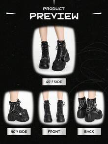 ROMWE Grunge Punk Giày bốt cao đến mắt cá chân mũi tròn màu đen kiểu Goth Punk tối màu thời trang Halloween cho nữ, khóa chéo đinh tán - màu đen - Xem 6