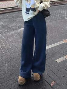 SHEIN Cottnline RueChic Casual Navy Blue Elastic Waist Loose Wide Leg Pants - Dusty Blue - View 4