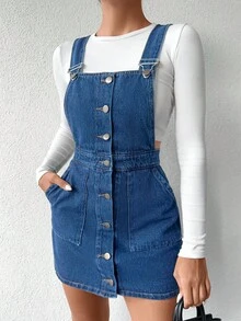 EURMUSE Slant Pocket Button Front Overall Denim Dress Without Tee - Dark Wash - View 4