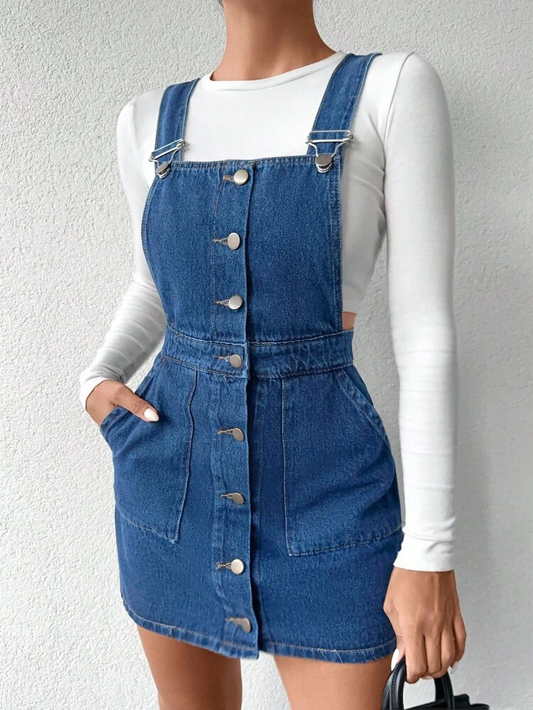button front denim overall dress HYAKU - V-Neck Button Front Denim Midi A-Line Overall Dress