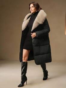 Anewsta 女士时尚休闲蓬松人造毛领中长款黑色绗缝外套，拉链款