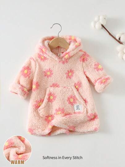 Cozy Pixies Baby Girl Floral Daisy Pattern Hooded Thermal Lined Long Sleeve Dress Fall Winter
